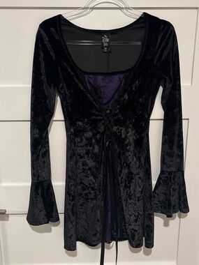 Goth Dolls Kill Black Velvet Lace-Up Bell Long Sleeve Dress